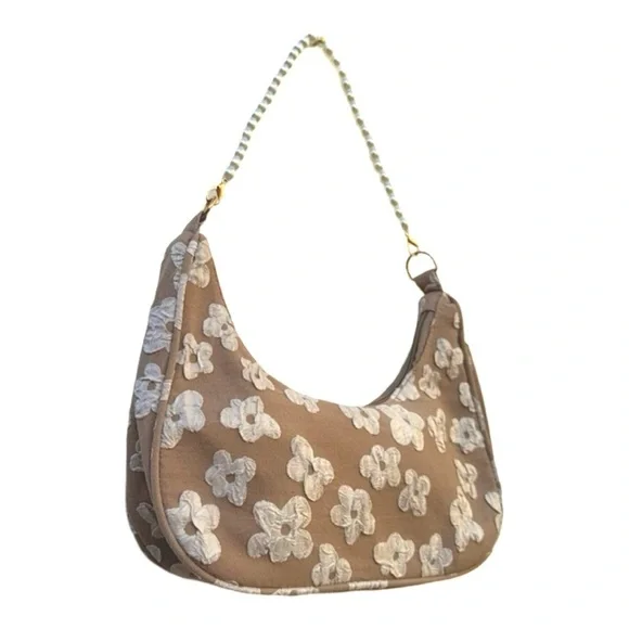 Floral Tan & Cream Floral Print Shoulder Bag with Pearl Chain Strap | NWT | - Picture 4 of 11